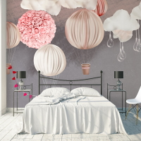 北歐風格兒童房背景定制墻紙溫馨臥室熱氣球壁紙女孩公主環保壁布