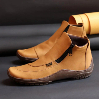 sepatu boots pria casual kulit asli resleting zipper warna tan trendi