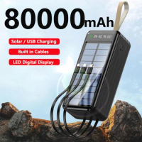 Solar Power Bank 80000mAh Built in Cable Portable Charging Powerbank External Battery Charger for iPhone Xiaomi Samsung Huawei