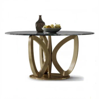 Luxury Gold Stainless Steel Dining Table Glam White Round Marble Dining Table