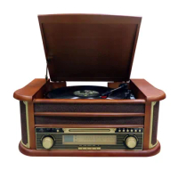 Latest 2024 model Nostalgic AM FM Radio Wooden Turntable Player CD Tape Play Phonograph Vinyl Record