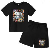 Children's T-shirt Tops +Shorts Grand Theft Auto V GTA 5 Fashion Leisure Clothing Boys Girls Round neck Set 3-12 Year Toddler