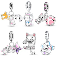 925 Silver Cute Cat Series Charms Fit Original Pandora Bracelet&amp;Bangle For Women Birthday Fine Jewelry Gift