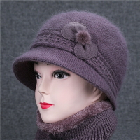 秋冬季中女士盆帽奶奶針織毛線帽帽子兔毛花朵帽圍巾