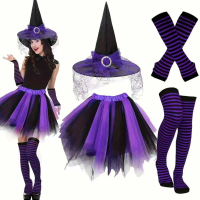 Cross-Border New Halloween Party Festival Witch Hat Striped Stockings Puffy Skirt Set Hat Set