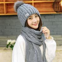 【Acorn 橡果】韓系甜美針織加絨毛帽耳罩+圍巾披肩圍脖兩件套1825(兩件式-灰色)