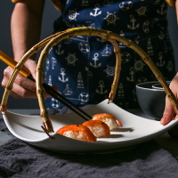 新中式提籃果盤創意復古竹編提手陶瓷餐盤日式竹木果籃客廳擺盤子
