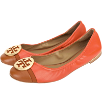 TORY BURCH Minnie 銅金盾牌牛皮拼色平底娃娃鞋(橘棕色)