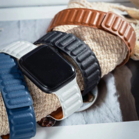 【ALL TIME 完全計時】Apple Watch S7/6/SE/5/4 42/44/45mm 皮革鏈紋磁性錶帶