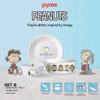 PYREX Peanuts Snoopy Dinner Set 3 Pcs Pring Mangkuk Makan Milkglass Microwave & Dishwasher Safe Muda