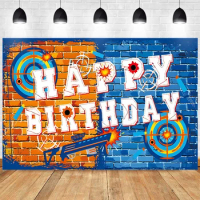 Nerf Gun Backdrop Happy Birthday Party Decoration for Boy Kids Shooting Game Banner Brick Wall Photo Background Photography Prop