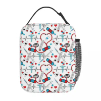 Cute Stethoscope Nurse Doctor EKG Thermal Insulated Lunch Bag for Office Portable Food Bag Container Thermal Cooler Food Box