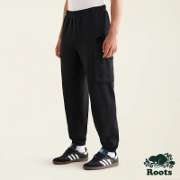 【Roots】Roots男裝-絕對經典系列 海狸LOGO雙口袋寬版刷毛布長褲(黑色)