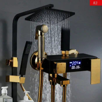 Digital Display Bathroom Shower System Black Gold Handheld Shower Set Smart Thermostatic Black Shower Head