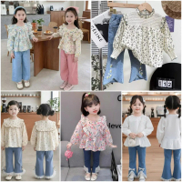 (1-7 TH) Setelan Blouse Celana Jeans Anak Perempuan Lengan Panjang Baju Lebaran Putih White Cream Fl