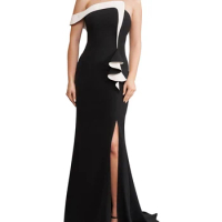 Latest Design Ruffled One Shoulder Evening Gowns Slit Backless Satin Evening Dresses