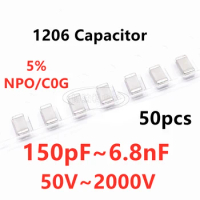 50pcs SMD Capacitor 150/180/220/270/330/390/470/560/680/820PF 1/1.2/1.5/1.8/2.2/2.7/4.7/5.6/6.8NF NPO C0G ±5% 1000V 2000V