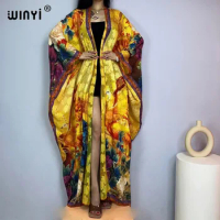 WINYI High quality double-sided printing silk dress coat Beach Wear Cover up boho fashion elegant Holiday Muslim Fashion Kaftan