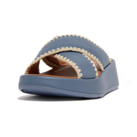 【FitFlop】F-MODE CROCHET-STITCH LEATHER FLATFORM SLIDES編織皮革造型交叉涼鞋-女(沙藍色)