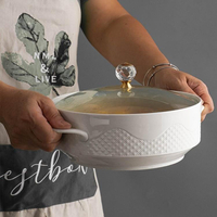 帶耳朵的碗陶瓷雙耳碗大容量防燙湯盆10英寸沙拉碗特大號帶蓋面碗