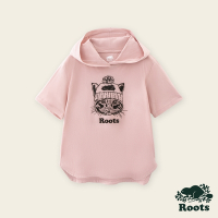 Roots女裝-動物派對系列 毛帽貓咪純棉短袖連帽上衣-粉橘色