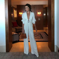 Tesco White Elegant Women Set V-Neck Collar Puff Sleeve Blazer Jumpsuit Straight Wide leg Trousers Sexy Suit For Party Wear