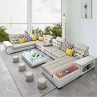 Big U-Shape Coth Living Room Sofa Sets with USB, Speaker, Stools,Bluetooth - Linlamlim Fabric Sectional Sofas for Home Furniture