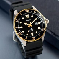 【CASIO 卡西歐】槍魚系列 深海潛將橡膠潛水錶/黑x金框(MDV-106G-1AVCF)