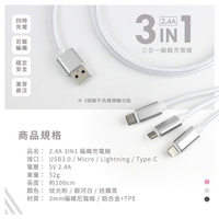 【優質二入】三合一金屬編織2.4A快速充電線(Lightning/Type-C/Micro)