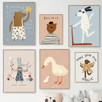 Funny Scooters Spotted Dog Bear Rabbit Duck Wall Art Canvas Painting Nordic Posters Prints Nursery Pictures Baby Kids Room Decor