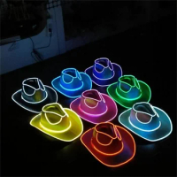 50pcs EL Wire LED Flashing Light Up Cowboy Hats Space Cowgirl Hat Holographic Fluorescent Luminous Hats Night Lighting Jazz Hat