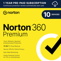Norton 360 Premium 2024,ซอฟต์แวร์ป้องกันไวรัสสำหรับอุปกรณ์10เครื่องพร้อมการต่ออายุอัตโนมัติ-รวม VPN,