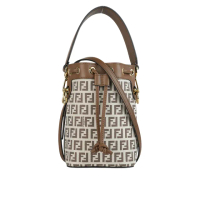 【FENDI 芬迪】MON TRESOR FF LOGO 滿版標誌布質二用迷你水桶包(棕色)
