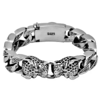 Luxury S925 Leopard Braided Double Leopard Head Bangle Men's Vintage Handmade Silver Bangle Holiday Gift Wholesale