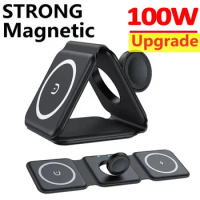 100W 3 in 1 Magnetic Portable Wireless Charger Pad for iPhone 15 14 13 12 Pro Max Apple Watch AirPods Fast Charging Dock Station