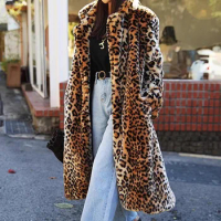 Women Winter Warm Long Coat Turn Down Collar Leopard Print Faux Fur Women Fur Long Coat Tops For Women Jackets Casaco Feminino