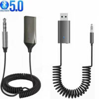 50pc Bluetooth 5.0 Aux Adapter Wireless Car Bluetooth Receiver Kits USB to 3.5mm Jack Music Handsfree Spring Audio Cable Speaker