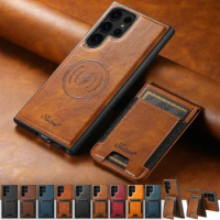 Retro Leather Phone Case For Samsung Galaxy S24 S23+ S22 Note20 Ultra Removable 2 in 1 Back Magnetic Wallet Card Phone Cover