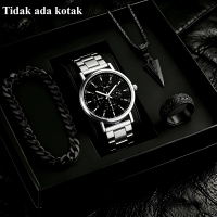 Jam Tangan Pria Dial Bulat Tali Stainless Steel Tali Kalung Gelang Cincin Bisnis Kasual Jam Tangan P