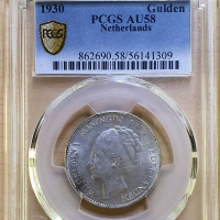 Koin Perak 1 Gulden Belanda 1930 PCGS AU58 Asli Silver Wilhelmina Rare