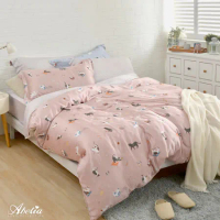 英國Abelia《喵喵時光》雙人天絲木漿四件式兩用被床包組(共兩色)-粉色