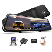 AZDOME 12" WiFi Mirror Dash Cam, 2.5K Front and 1080P Rear View Mirror Camera for Cars, Dual Camera with Free 64GB Card GPS, Wat