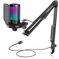 FIFINE Gaming USB Microphone Kit with Arm Stand for PC,PS4/5,Condenser Cardioid Mic Set with Touch Mute,RGB for Streaming -A6T