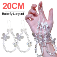 Clear Crystal Butterfly Mobile Phones Lanyard For iPhone Samsung Xiaomi DIY Beaded Straps 20CM Fashion Wrist Chains Accessories