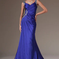 Popular V Neck Royal Blue Chiffon Evening Gowns Beaded Straps Evening Dresses