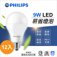 【Philips 飛利浦】9W 12入 易省 LED燈泡 球泡(護眼無藍光無頻閃)