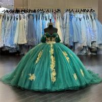 Golden Lace Appliques Green Quinceanera Dress 2024 Off Shoulder Ball Gown Charro Mexican Dress vestido de 15 quinceañera