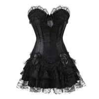 Gothic Sexy Corset Dress Bowknots Boned Bustier Burlesque Waist Trainer Body Shaper Slimming Lace Corset Tops With Mini Skirt