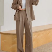 Tesco 2 Loose Casual Suit For Women Double Breasted Peak Lapel For Office Business Set Straight Wide Leg Pantsuit For Wedding