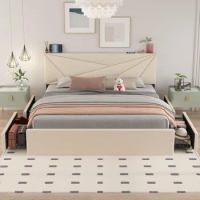Queen Size Bed with 4 Storage Drawers Charging Station, Upholstered Frame Platform Adjustable Headboard Wooden Slats Support Bed